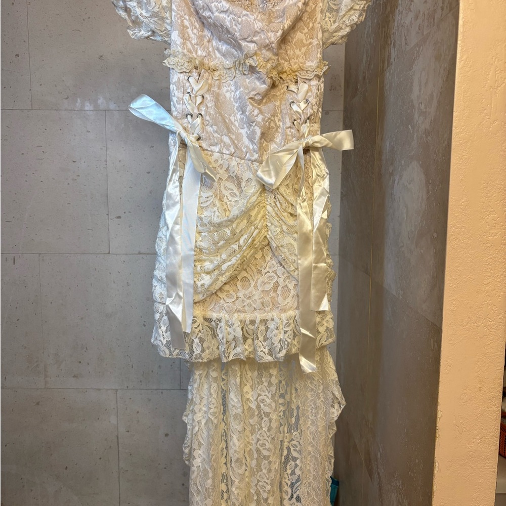 Ivory Lace Maxi Dress with Satin Ribbon Detail